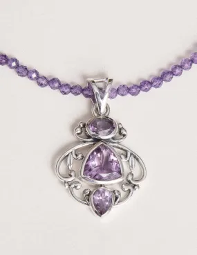 Amethyst Vintage Beaded  Silver Necklace - One of a Kind