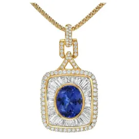 Big Oval Royal Blue Created Sapphire Baguette CZ Pendant Necklace