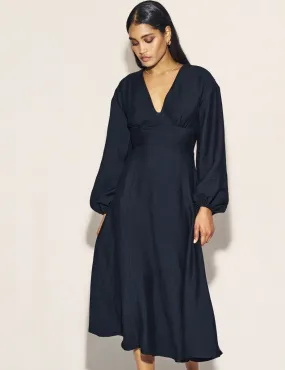 Black Balloon Sleeve V-Neck Raye Midi Dress