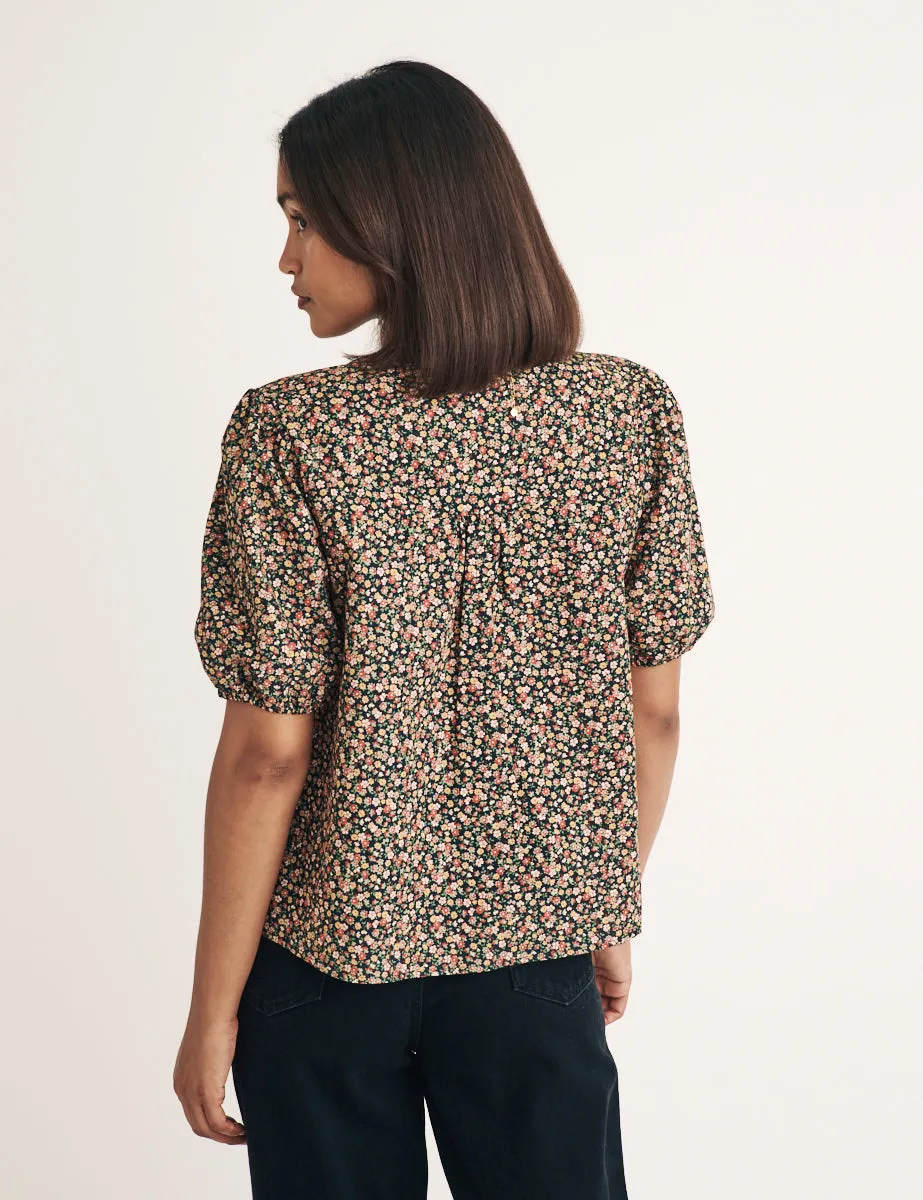 Black Floral Tie Front Bernadetta Blouse