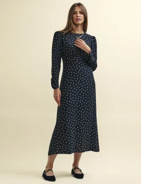 Black Spot Print Long Sleeve Sienna Midi Dress