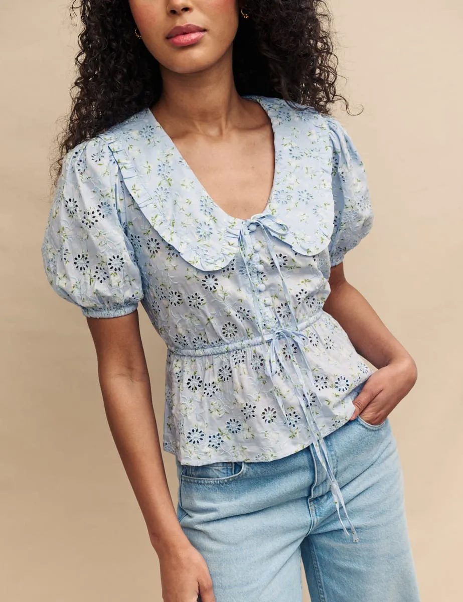 Blue Broderie Collar Blouse