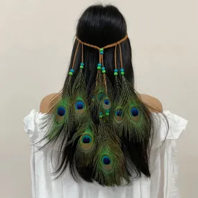 Boho Peacock Feather Adjustable Headdress - Women's Novelty Hair Band