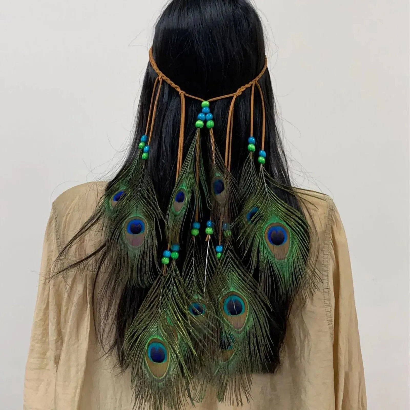 Boho Peacock Feather Adjustable Headdress - Women's Novelty Hair Band