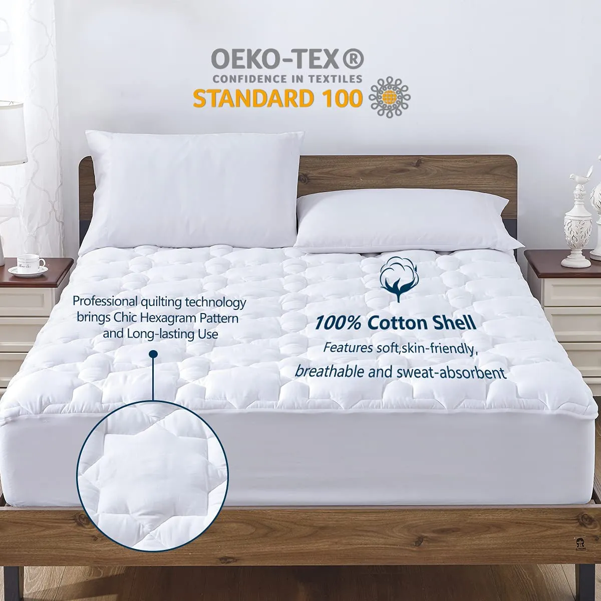 CozyLux California King Mattress Pad Deep Pocket Non Slip Cotton Mattress Topper Breathable and Soft Quilted Fitted Mattress Cover Up to 18 Thick Pillowtop 450GSM Bed Mattress Pad White