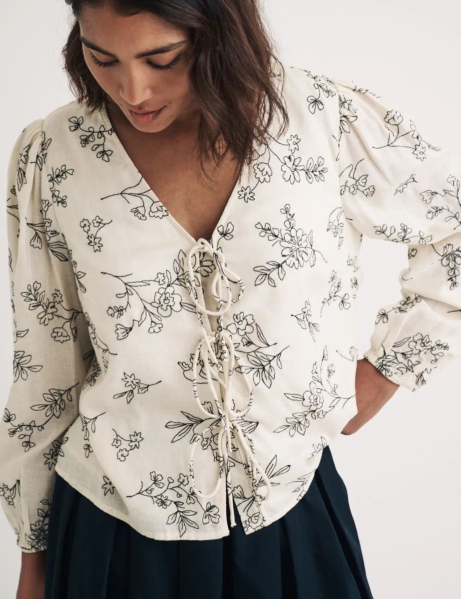 Cream Embroidered Tie Front Bernadetta Blouse