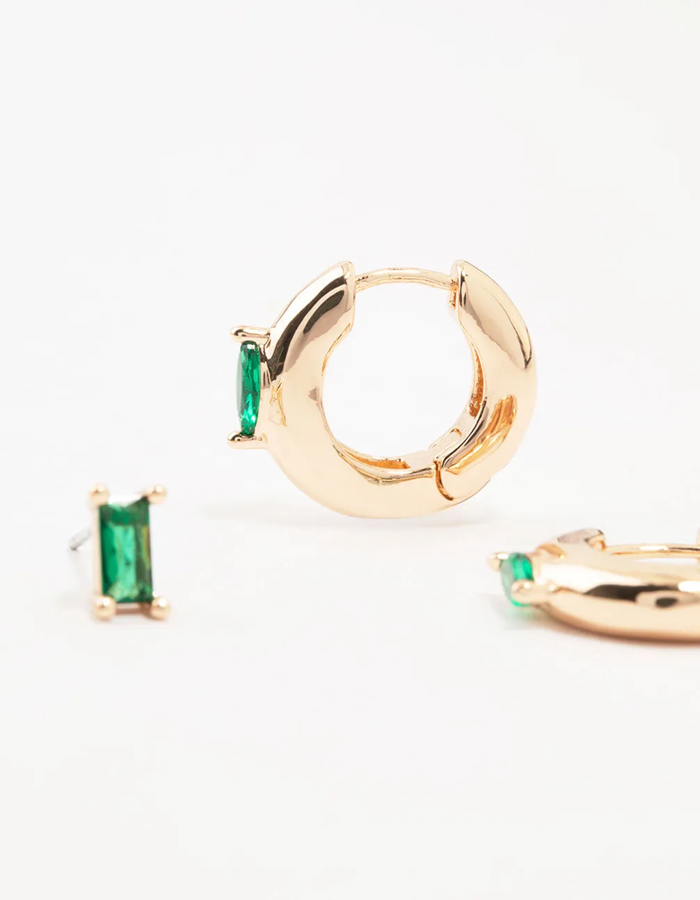 Gold Baguette Green Marquise Huggie Earrings 3-Pack