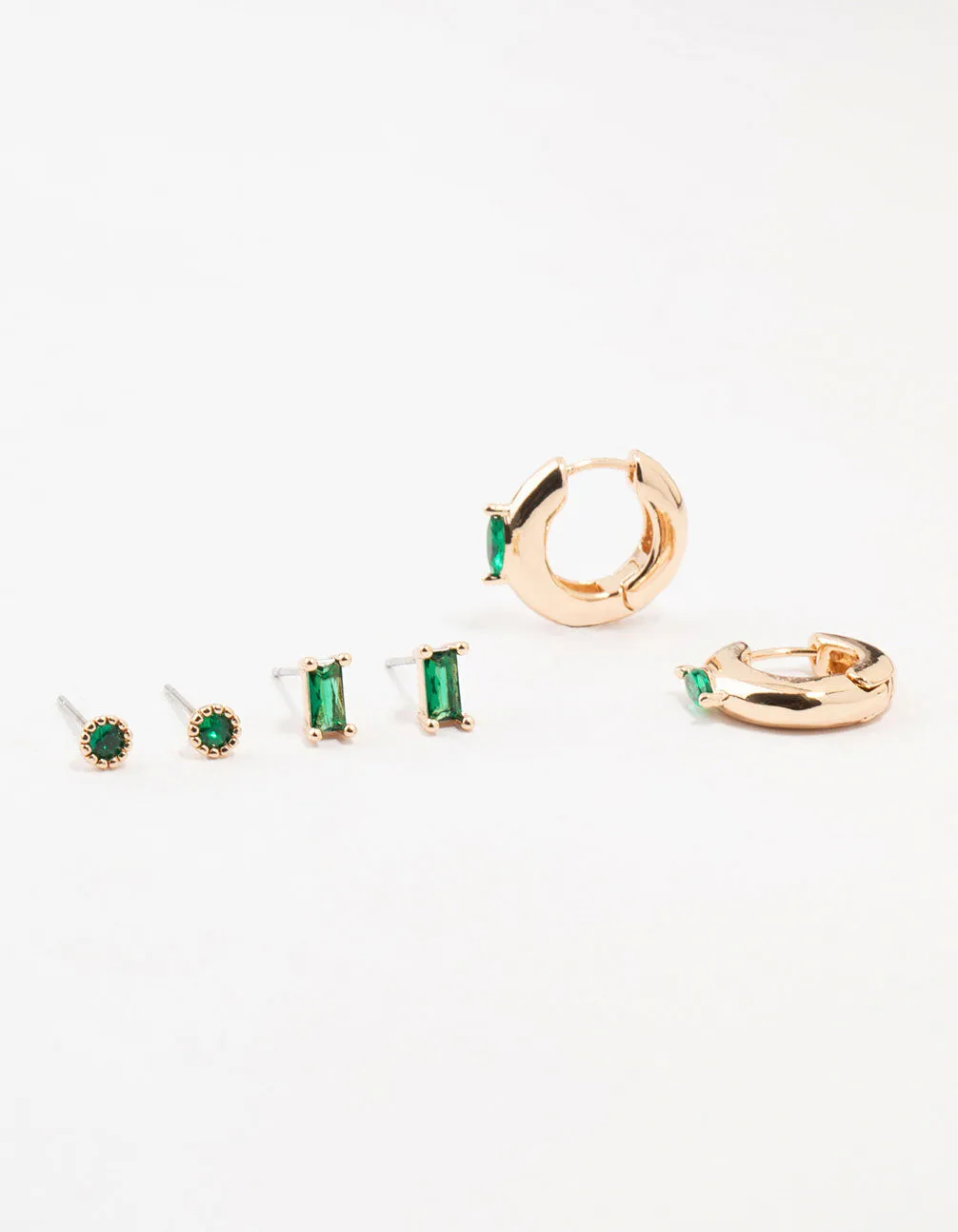 Gold Baguette Green Marquise Huggie Earrings 3-Pack