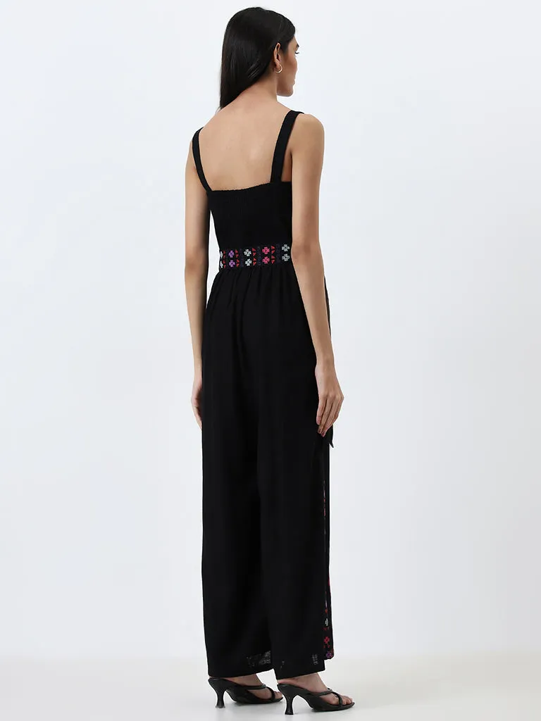 LOV Black Floral Embroidered Jumpsuit