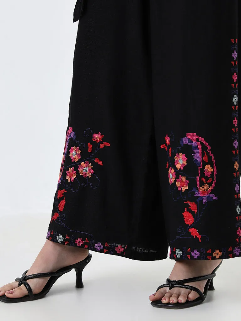 LOV Black Floral Embroidered Jumpsuit