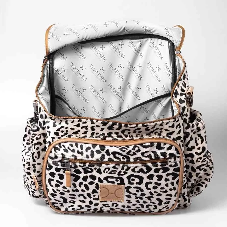 Thandana Leather Animal Printed Leather Nappy Backpack | Wild Cat Print