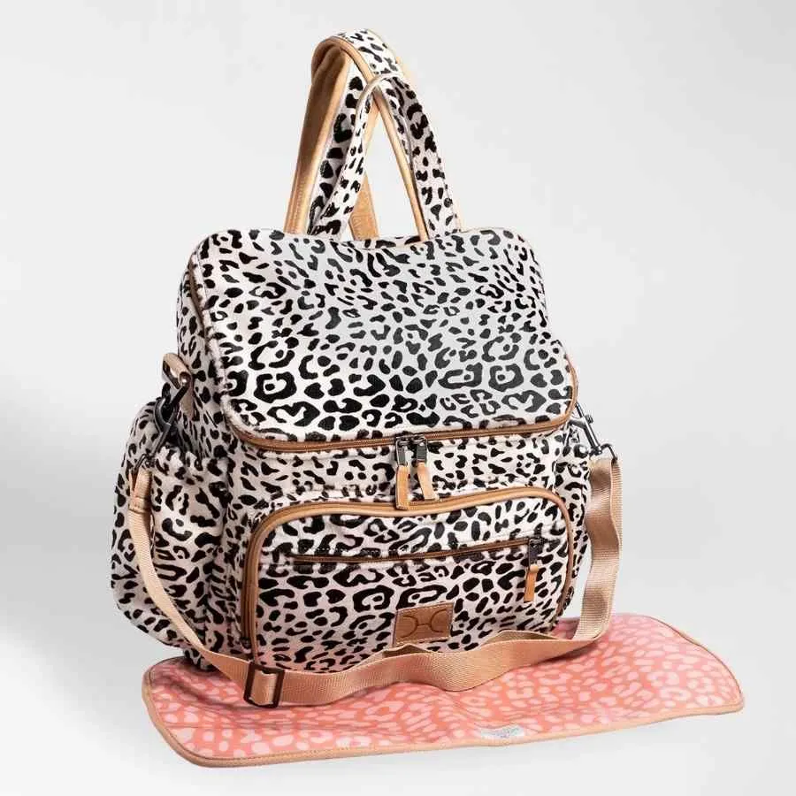 Thandana Leather Animal Printed Leather Nappy Backpack | Wild Cat Print