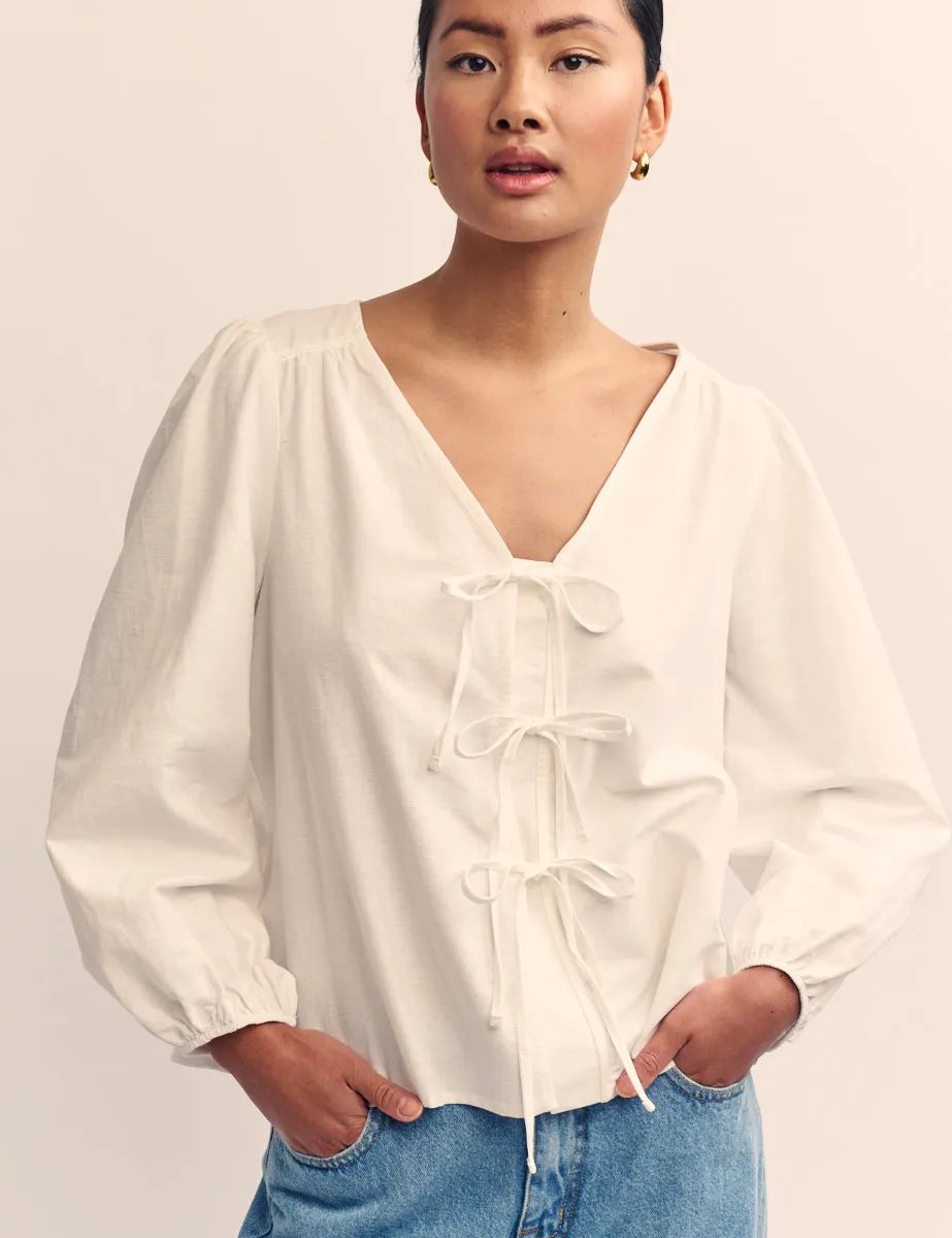 White Tie Front Bernadetta Blouse